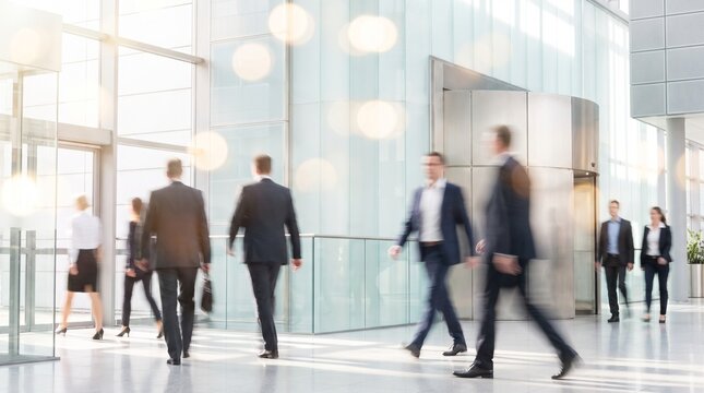 Business professionals walking through a modern glass entrance of a corporate building. Perfect for corporate brochures, business blogs, and web headers.