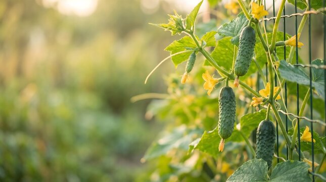 Fresh green cucumbers growing on vines with yellow flowers outdoors in a sunny garden. Ideal for agricultural articles, organic farming blogs, and food market banners.