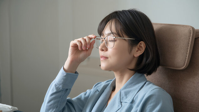 眼鏡に手を添えて目を閉じる女性