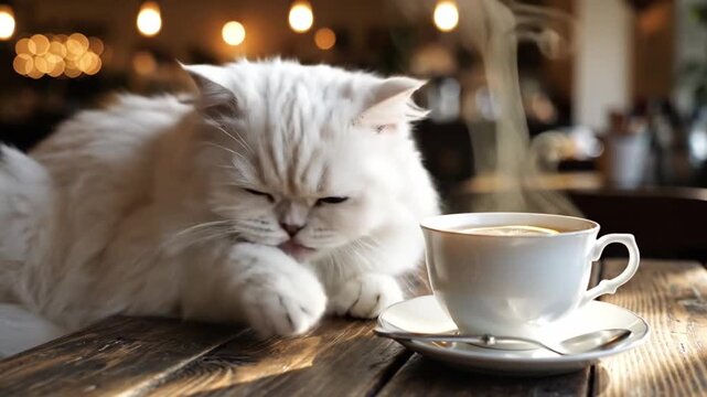 Fluffy white cat beside coffee cup rests on wooden table in cozy cafe, calm blue eyed cat watching steam curl from saucered cup. Soft bokeh lights and warm tones give classy mood, with paws tucked