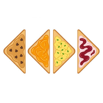 Ensemble de quatre tranches de pain grill&eacute; triangulaires avec diverses garnitures d&eacute;licieuses, y compris du beurre de cacahu&egrave;te, de la confiture, des &oelig;ufs brouill&eacute;s et du fromage fondu, isol&eacute;es sur