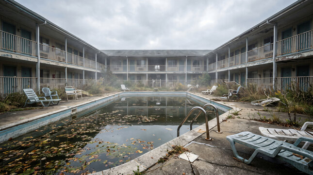 Abandoned Roadside Motel Pool with Cracked Concrete and Overgrown Vegetation
