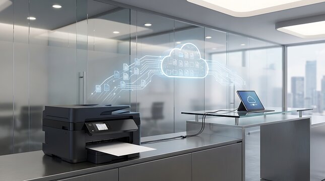 Modern office setup showcasing e-fax cloud printing technology and document workflow management in a workspace