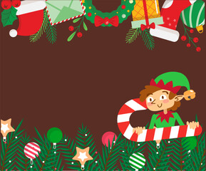 Naklejka premium Elf on the shelf christmas card template with giant candy cane on brown background