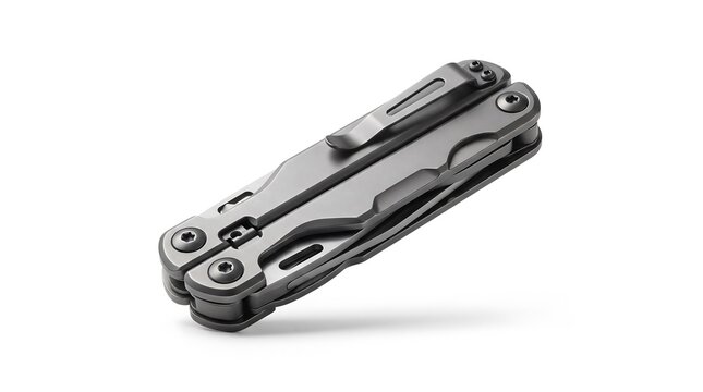 Black folding multitool pocket knife stock photo