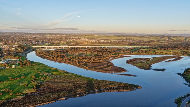 Onkaparinga River, Port Noarlunga, South Australia &ndash; 4K aerial drone footage of river estuary, coastal wetlands, river mouth, coastal landscape, seaside homes, residential estates. 