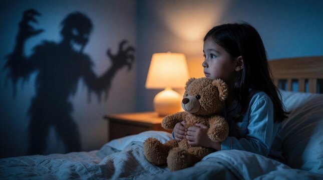 Little girl sits in bed with teddy bear. Child looks scared at shadow monster on wall. Dimly lit bedroom evokes childhood fears and dark imagination at night.