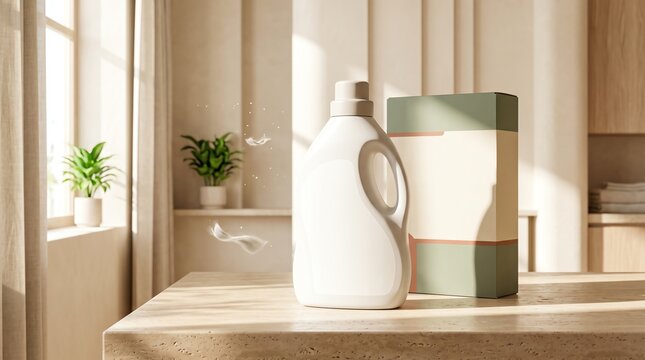 Elegant laundry detergent bottle and box showcased in a sunlit, minimalist home setting