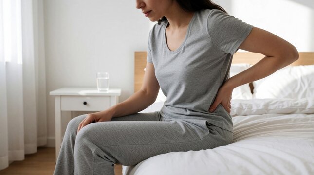 Woman sits on bed feeling lower back pain. She holds her aching back in discomfort. Symptoms show health problem at home. Injury causes pain.