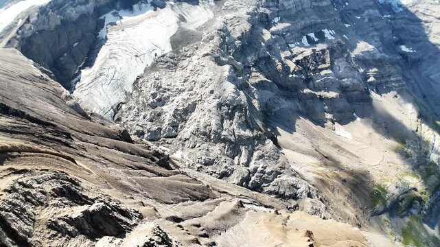 Scenic footage of the Glacier 3000 alpine landscape in Switzerland, featuring expansive glaciers, snow-covered mountains and dramatic high-altitude scenery in the Swiss Alps.