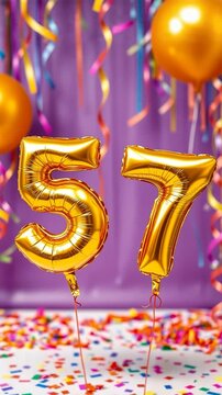 Birthday balloon number fifty seven, golden letter figure 57 celebration background AI Generative