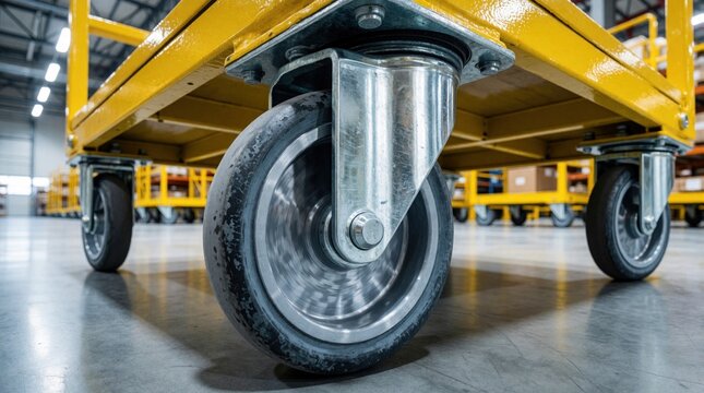 Yellow industrial cart moves on warehouse floor. Steel caster wheels with rubber tires roll smoothly, enabling logistics and material handling in a storage facility.