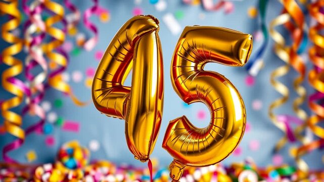 Birthday balloon number fourty five, golden letter figure 45 celebration background AI Generative