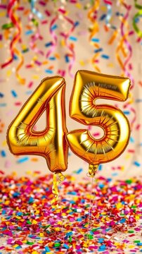 Birthday balloon number fourty five, golden letter figure 45 celebration background AI Generative