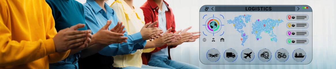 A diverse group of people applauding in front of a logistics dashboard, highlighting teamwork and...