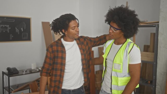 Two men carpenters embrace with arm around shoulder, one wearing vest and safety goggles in workshop; camaraderie teamwork partnership.