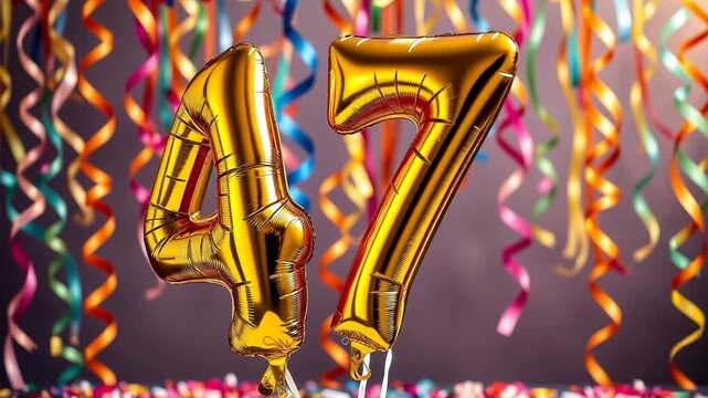Birthday balloon number fourty seven, golden letter figure 47 celebration background AI Generative
