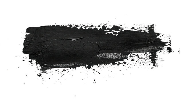 Pincelada de tinta preta com textura art&iacute;stica e respingos isolada em um fundo branco puro, ideal para design gr&aacute;fico, elementos de sobreposi&ccedil;&atilde;o e projetos criativos.