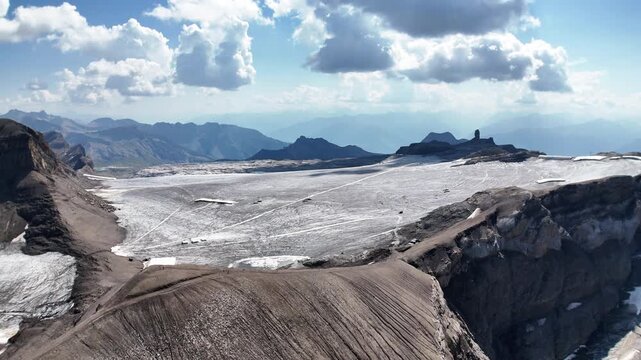 Scenic footage of the Glacier 3000 alpine landscape in Switzerland, featuring expansive glaciers, snow-covered mountains and dramatic high-altitude scenery in the Swiss Alps.