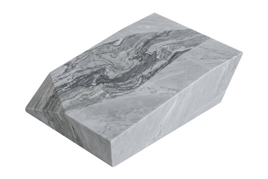 Um bloco retangular de m&aacute;rmore cinza com veios naturais, exibindo uma textura elegante e polida, isolado sobre um fundo branco para apresenta&ccedil;&otilde;es de design e arquitetura.