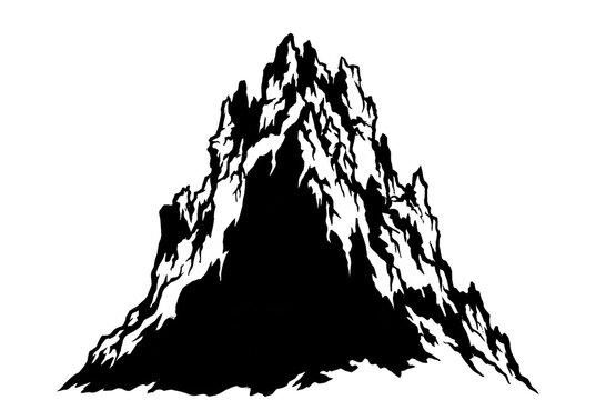 Ilustra&ccedil;&atilde;o vetorial de uma montanha &iacute;ngreme e rochosa em estilo de arte em preto e branco, isolada sobre um fundo branco, ideal para design gr&aacute;fico e logotipos de aventura.