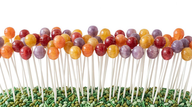 Pirulitos coloridos em formato de flores espetados em uma base verde simulando um jardim, criando uma composi&ccedil;&atilde;o criativa e l&uacute;dica de doces sobre um fundo branco isolado.
