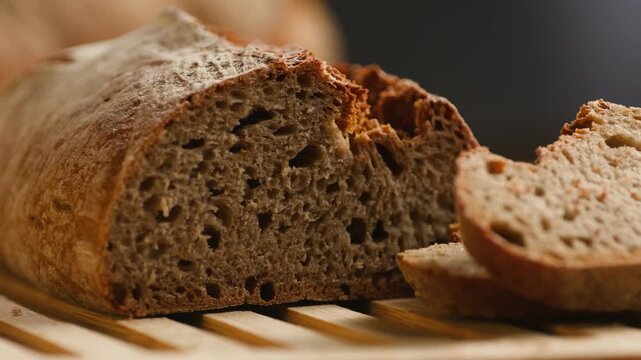Bread multigrain loaf held in hands, whole wheat seeded crust with millet and seeds, close-up macro shot