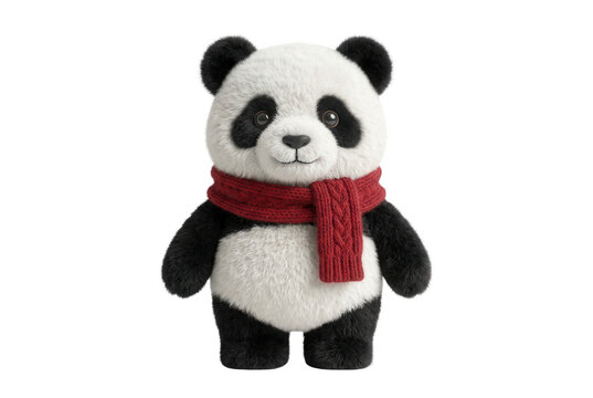 Um ador&aacute;vel urso panda de pel&uacute;cia com um cachecol de l&atilde; vermelho, isolado em um fundo branco, ideal para designs infantis, decora&ccedil;&otilde;es de inverno e cart&otilde;es de felicita&ccedil;&otilde;es festivos.