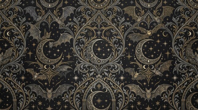 Halloween pattern with gold mystical lunar and gothic symbols halloween seamless skeleton decoration celebration mystical