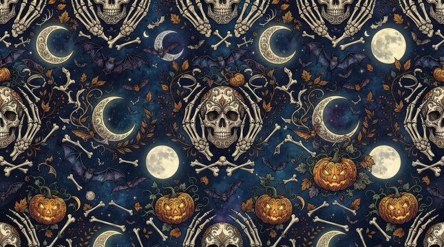 Halloween pattern featuring glowing skulls and celestial moons halloween seamless skeleton decoration celebration mystical