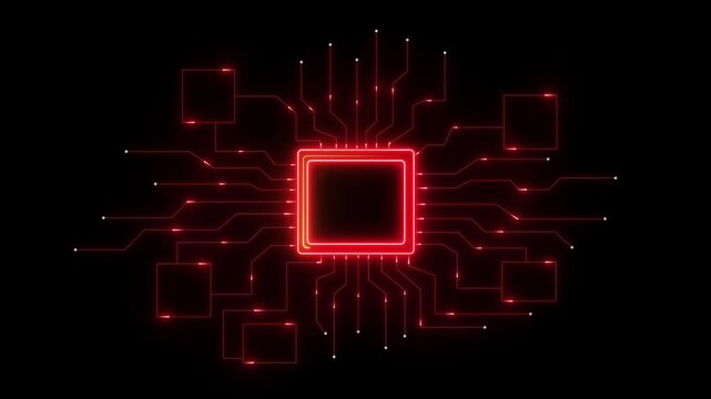 Futuristic digital circuit board with glowing neon lines and a central processor chip glowing, Modern circuit design enhances system performance, AI and electronic components drive science research.