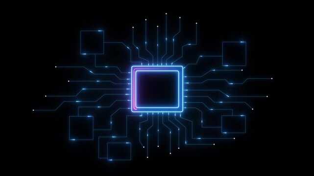Futuristic digital circuit board with glowing neon lines and a central processor chip glowing, Modern circuit design enhances system performance, AI and electronic components drive science research.