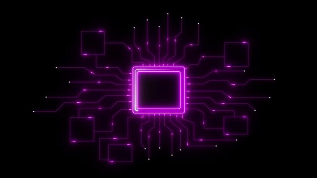 Futuristic digital circuit board with glowing neon lines and a central processor chip glowing, Modern circuit design enhances system performance, AI and electronic components drive science research.