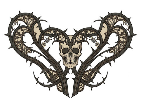 Ilustra&ccedil;&atilde;o vetorial de um cr&acirc;nio humano centralizado emoldurado por um cora&ccedil;&atilde;o ornamentado feito de ramos de espinhos entrela&ccedil;ados em estilo g&oacute;tico e sombrio, ideal para design de tatuagens.