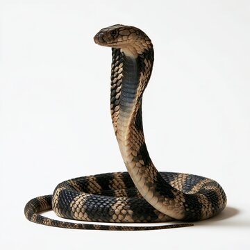 King cobra stands in defensive pose against white background.
