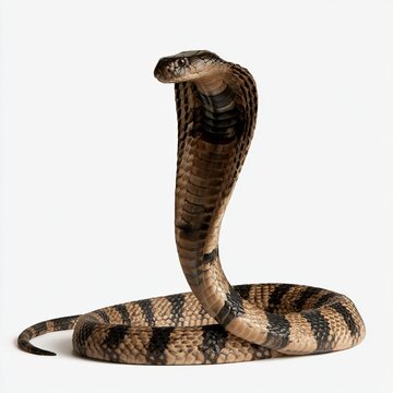 King cobra stands in defensive pose against white background.