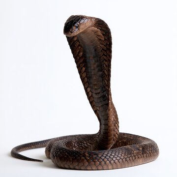 King cobra stands in defensive pose against white background.