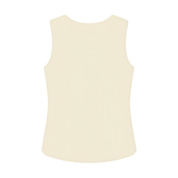 Camiseta regata feminina de cor creme lisa, vista traseira, isolada em fundo branco, ideal para design de moda, cat&aacute;logos de vestu&aacute;rio e projetos de personaliza&ccedil;&atilde;o de roupas.