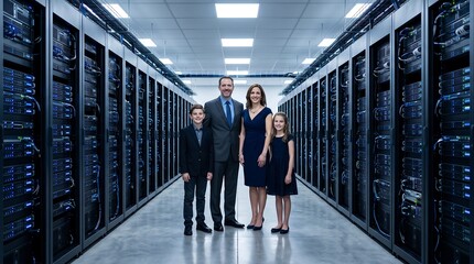 Fototapeta premium A Professional Family Standing Confidently Within a Modern High Tech Data Center Server Room