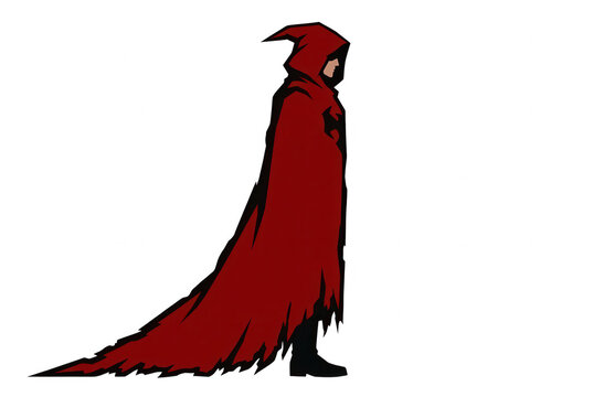 Ilustra&ccedil;&atilde;o vetorial de uma figura misteriosa vestindo uma capa vermelha com capuz em p&eacute; de perfil isolada sobre um fundo branco, evocando um estilo de fantasia sombria e enigm&aacute;tica.