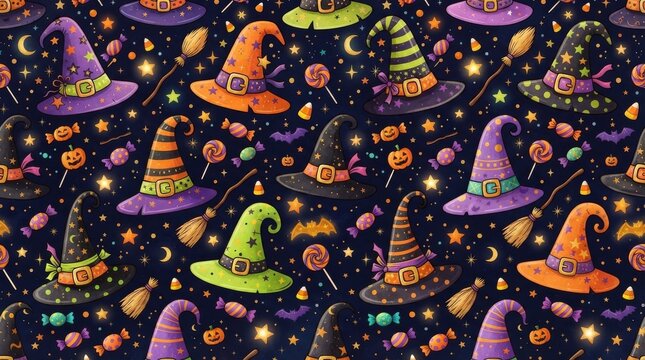 Halloween pattern with colorful witch hats and treats on dark starry background halloween seamless skeleton decoration mystical