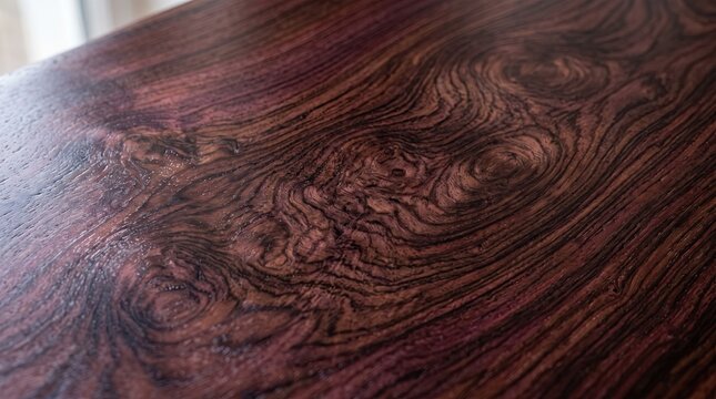 Close up view of a polished dark rosewood tabletop showcasing intricate natural grain patterns and swirling wood textures with a smooth glossy finish for luxury interior design concepts