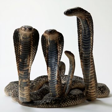 Venomous king cobra snakes display their hoods against white backgrounds.