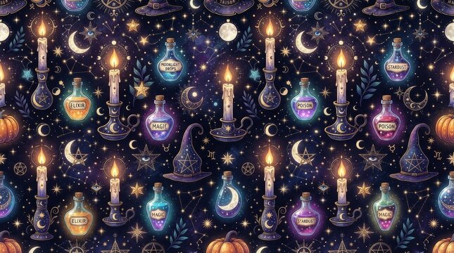 Halloween pattern with magic potion bottles and candles witch hat night sky halloween seamless mystical decoration celebration