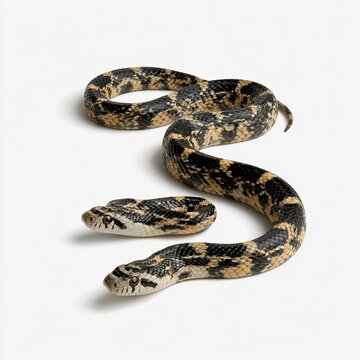 Single rat snake rests stretched out on white background.