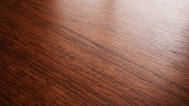 A high angle close up shot of a polished dark mahogany wood surface featuring a rich natural grain pattern and soft light reflections that highlight the smooth texture of the tabletop