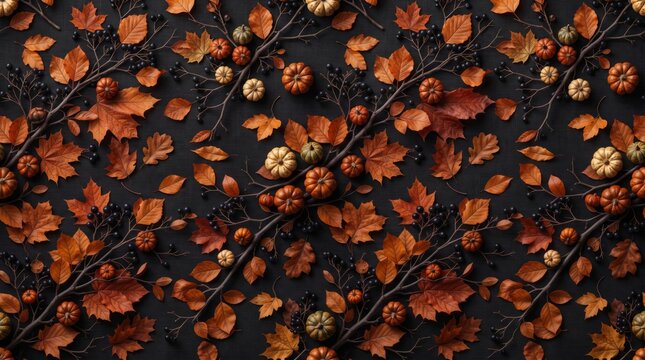 Halloween pattern of dark autumn leaves and small pumpkins with halloween seamless skeleton decoration celebration mystical