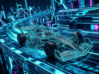 Fototapeta premium neon cyberpunk formula one racing car on futuristic night city track digital motorsport three dimensional sports car speeding along virtual circuit in future city