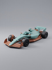 Fototapeta premium clay 3d model of formula one racing car in pastel turquoise and brown colors on neutral gray background