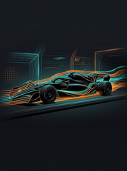 Fototapeta premium aerodynamic testing of formula one racing car with orange and blue air flows in dark wind tunnel